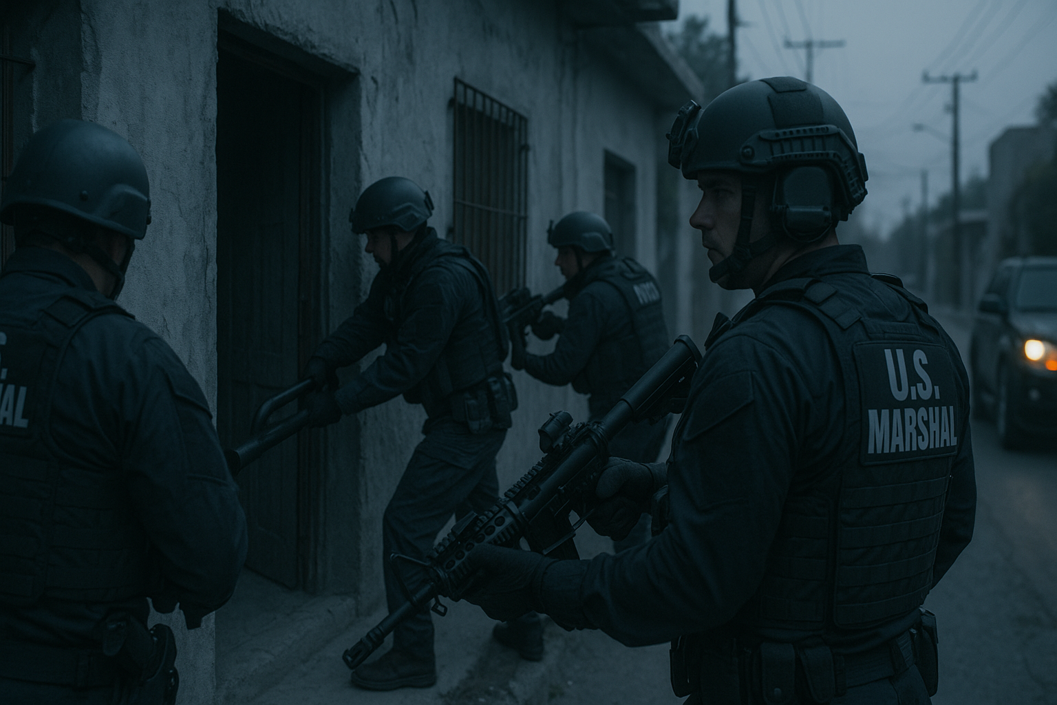 A U.S. Marshals Service team conducting an early morning raid in Monterrey, Mexico, viewed through a muted blue-gray color grade.