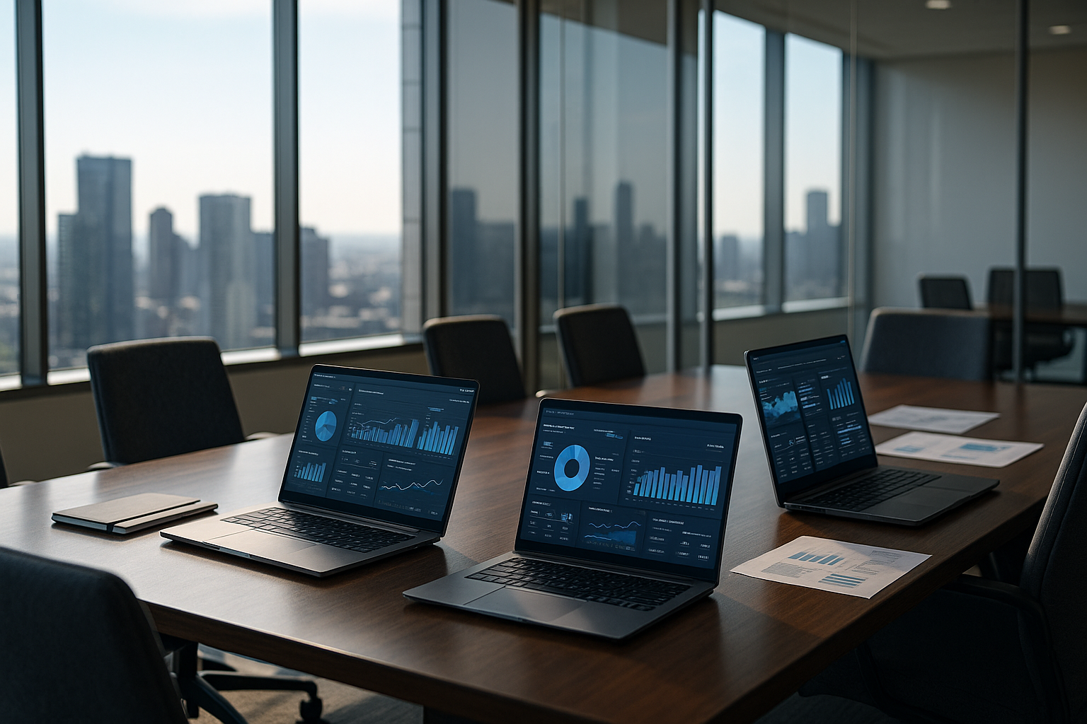 Modern conference room with laptops displaying data dashboards, city skyline view, and natural daylight creating a clean, high-tech atmosphere.
