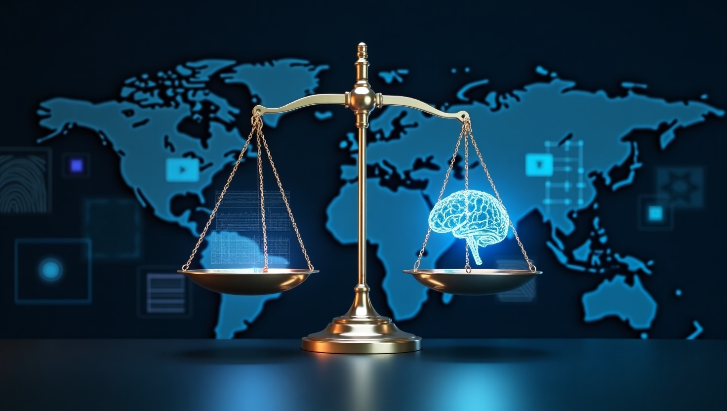 Balance scale with data streams and image of a brain on a backdrop of a world map